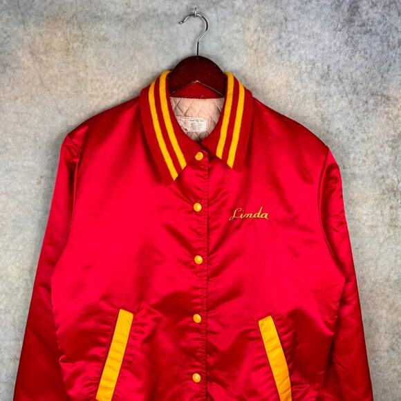 VTG 80s Satin Bomber Jacket Sz L Red Gold North Bergen Choir New Jersey Retro - Picture 3 of 8
